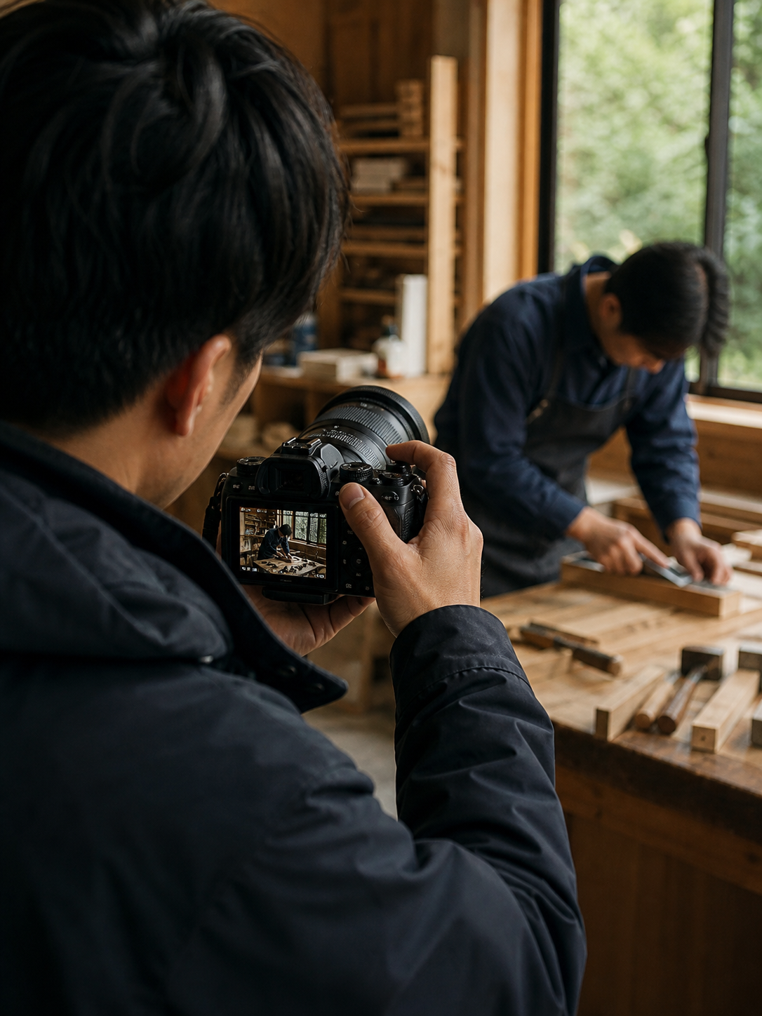 木工の工房で職人を撮影する映像制作者