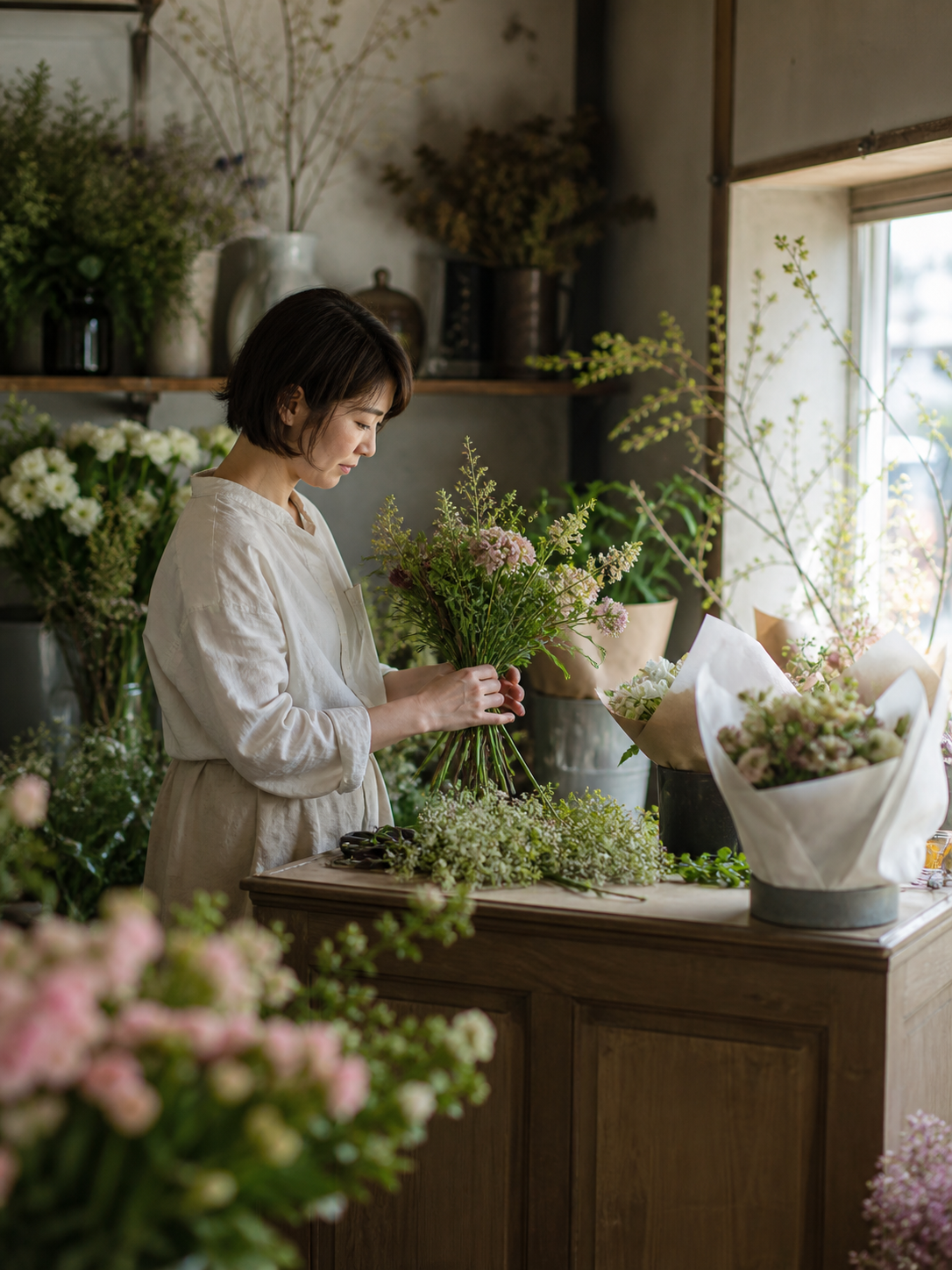 花屋で季節の花を束ねる店主